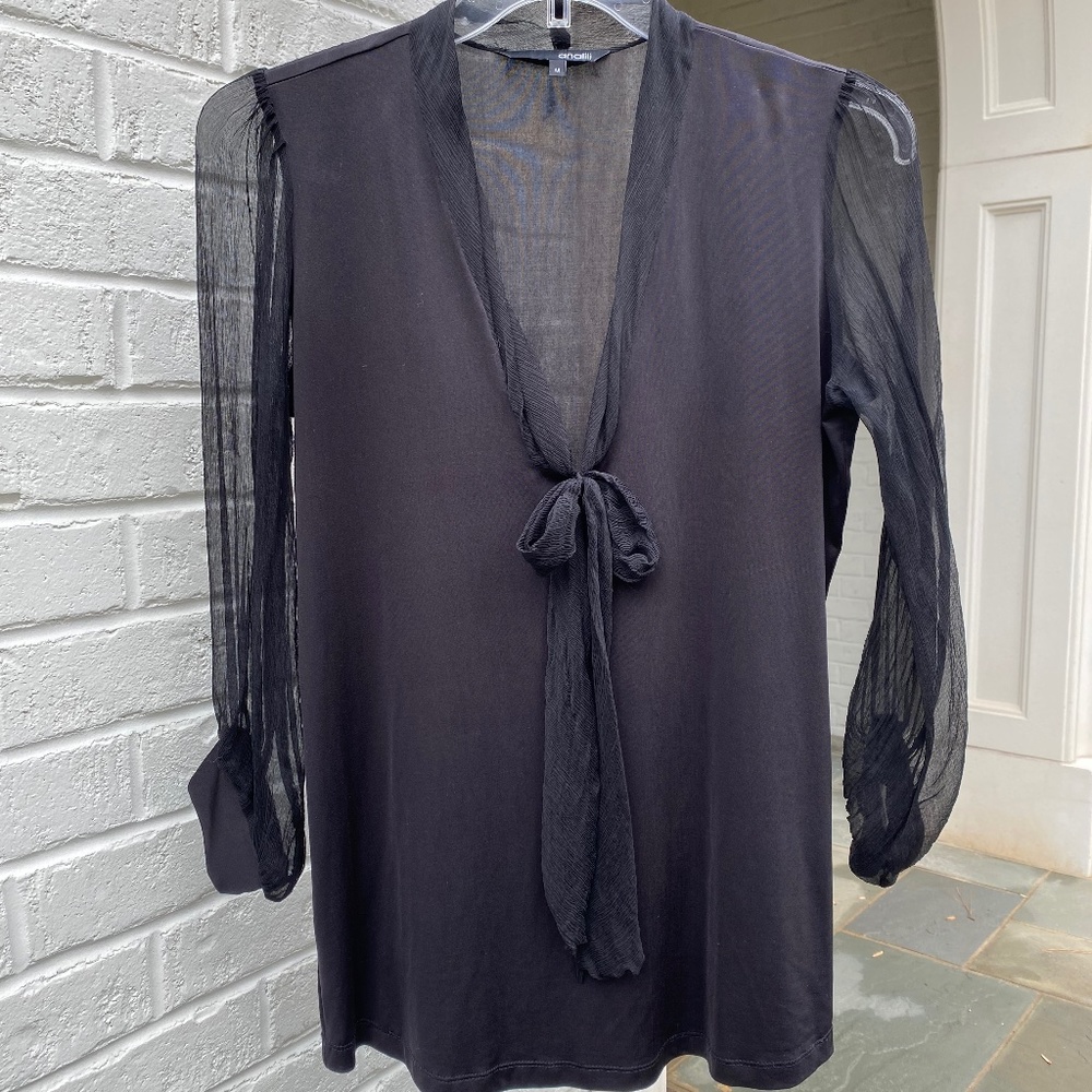 analili blouse sheer sleeve v-neck bow front tie Black medium